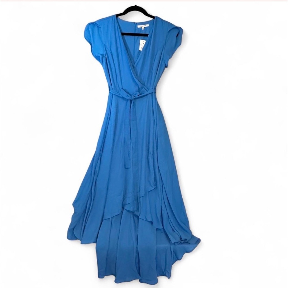 Love Tree Blue High Low Maxi Dress Faux Wrap V-Neck Flutter Sleeve Medium NWT